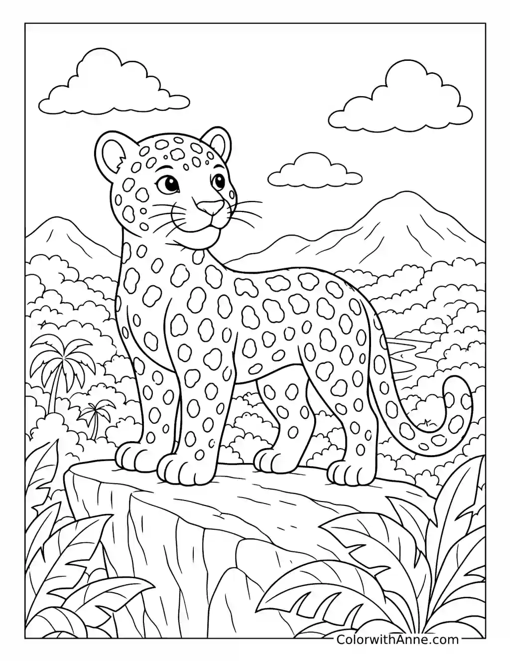 Jaguar Standing on a Mountain Overlook coloring page