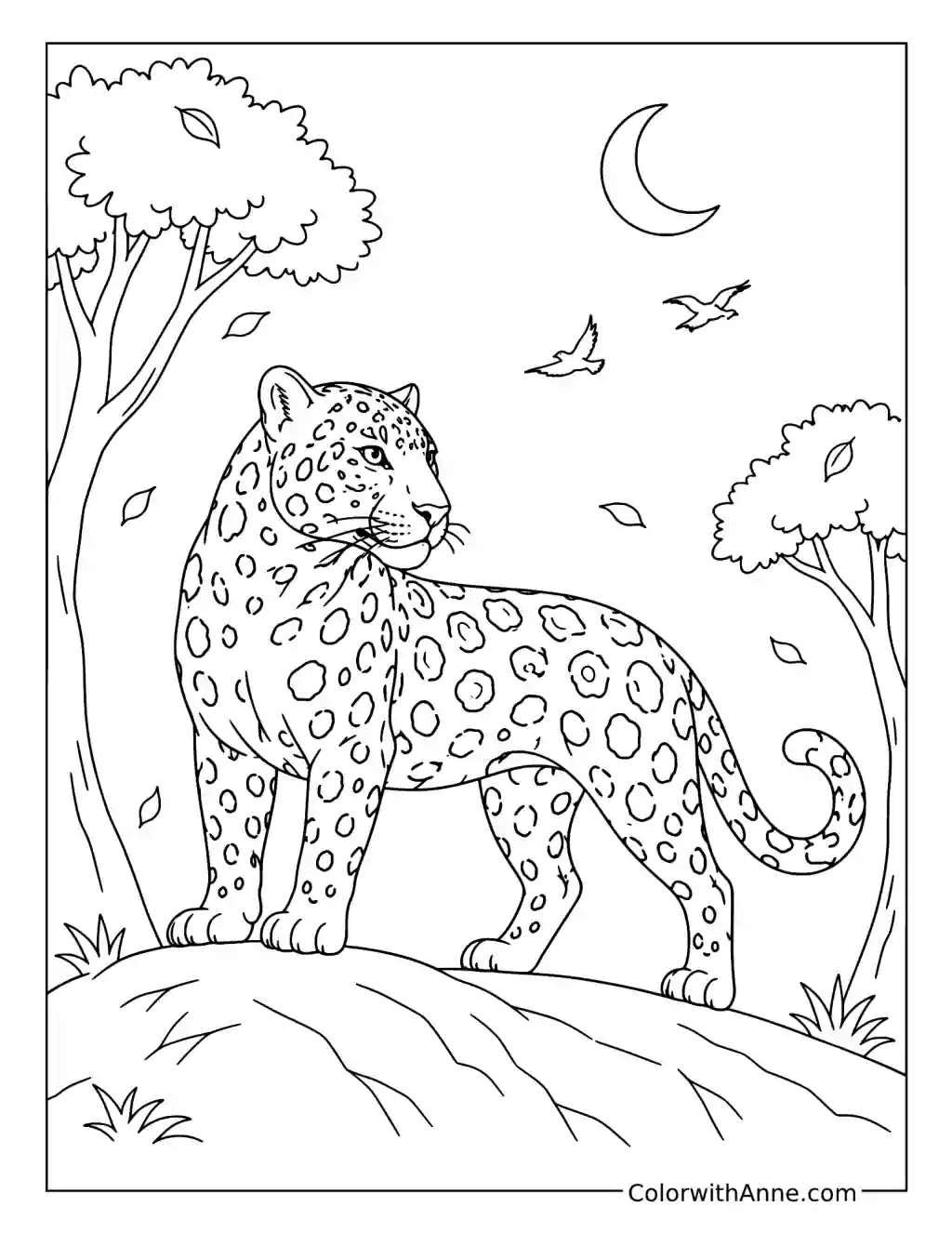 Jaguar Standing Proudly Under a Crescent Moon coloring page