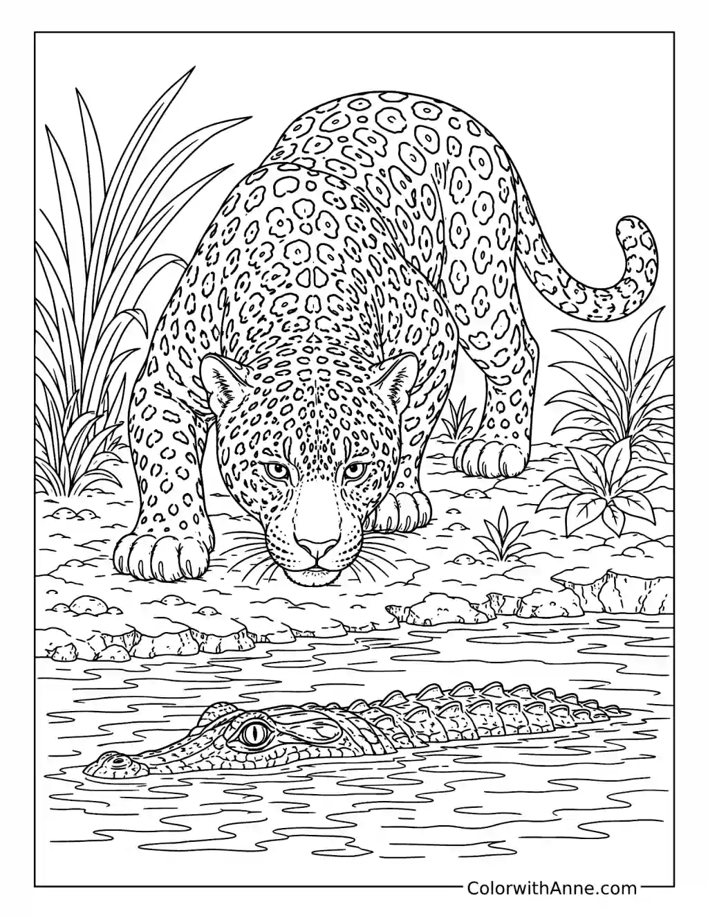 Jaguar Watching a Crocodile in the River coloring page