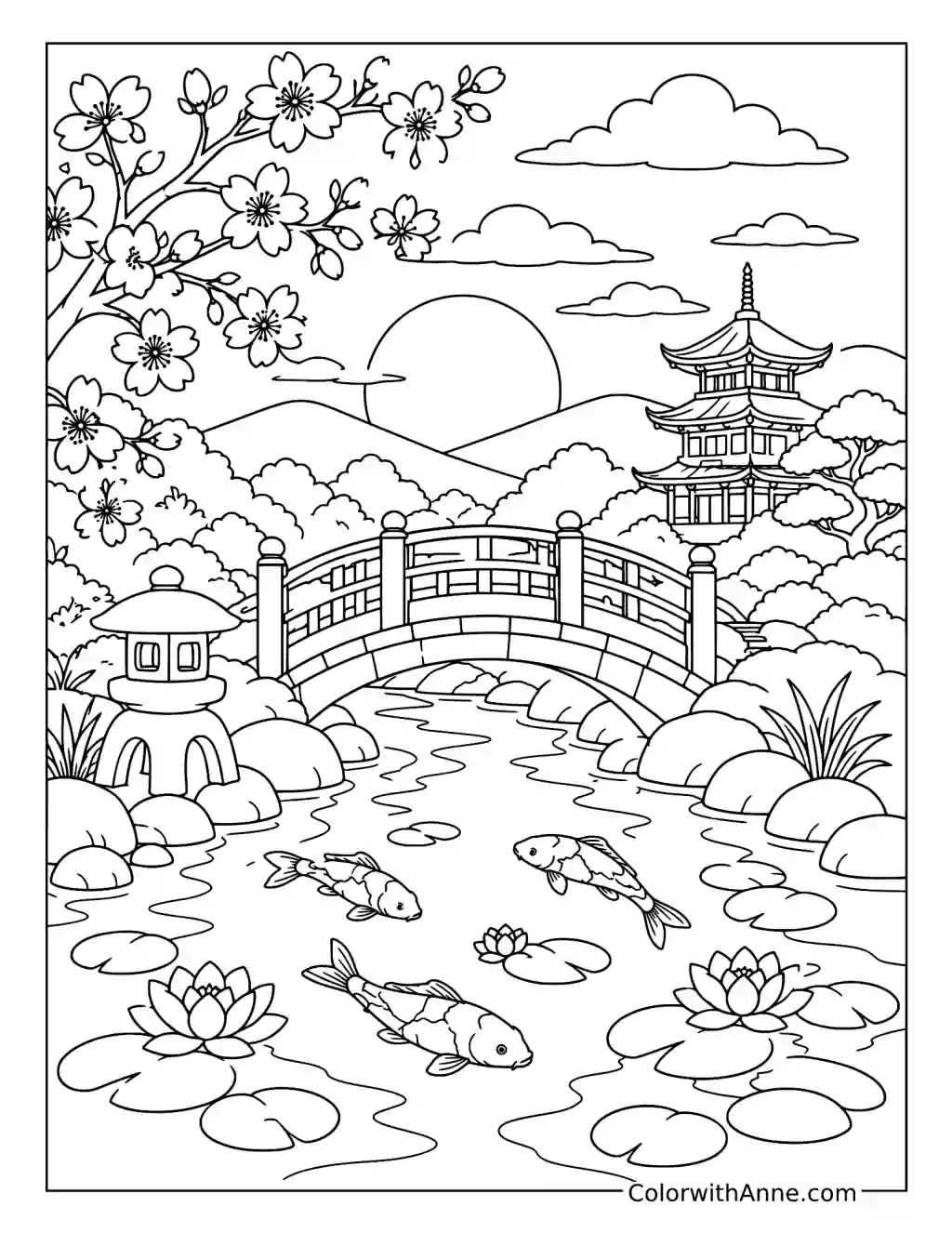Japanese Garden Sunset coloring page