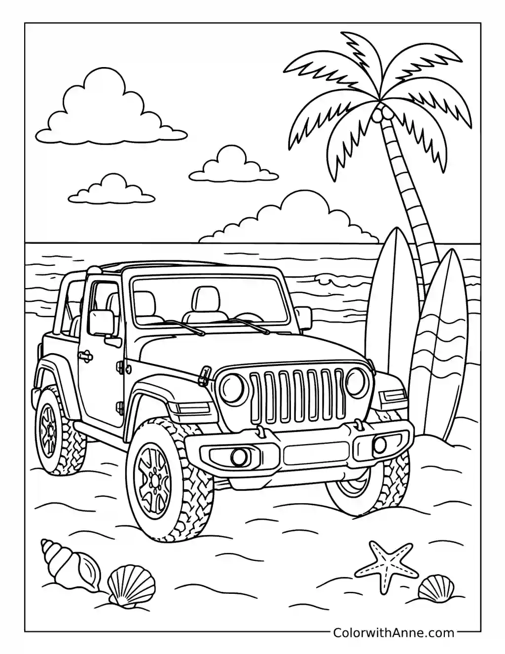 Jeep Beach and Surfboards coloring page