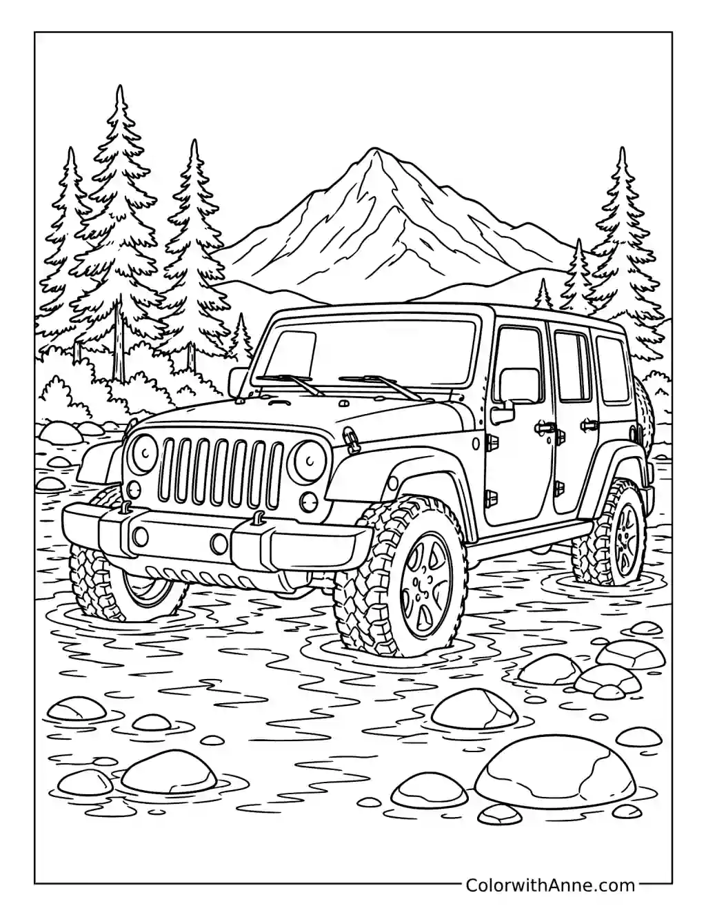 Jeep Driving Through a River coloring page