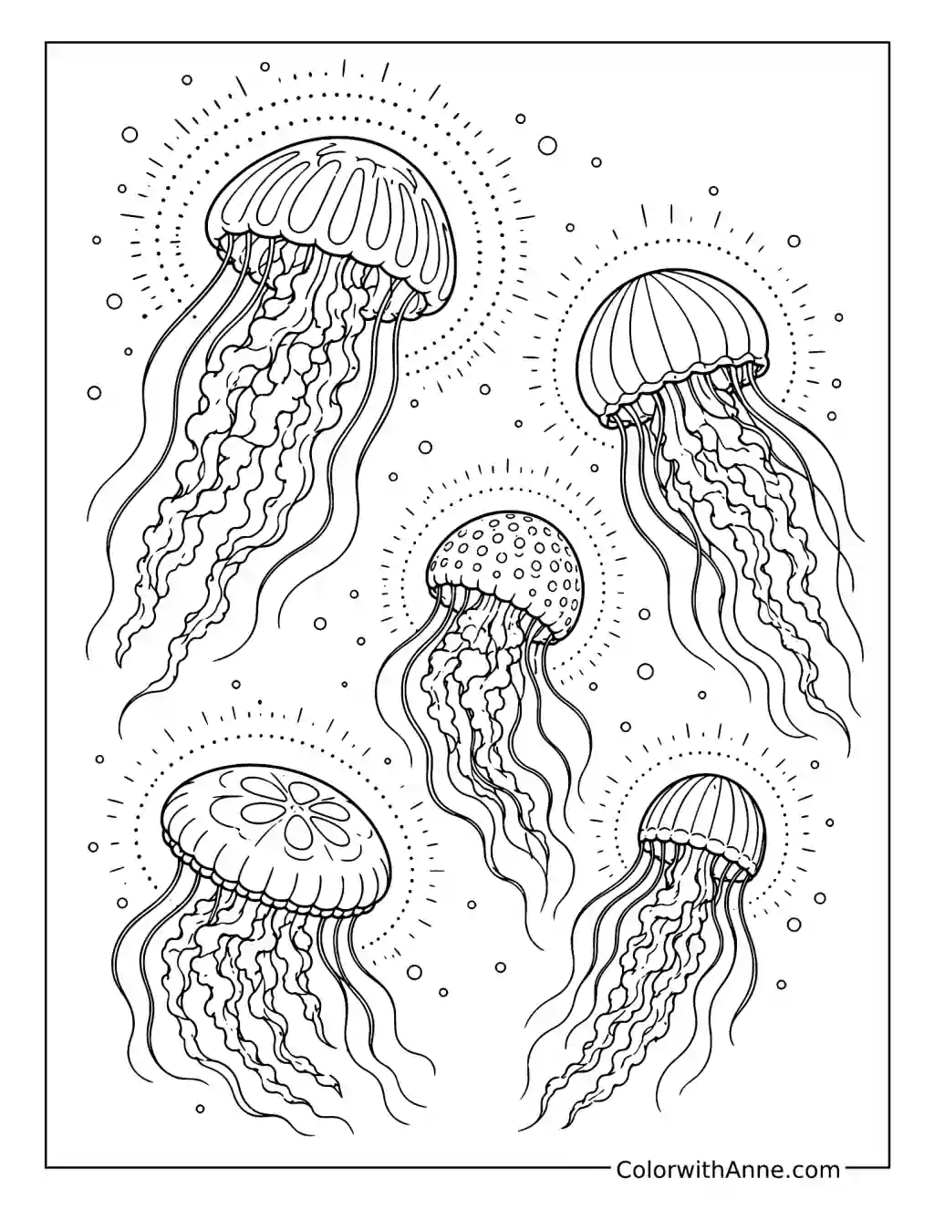 Jellyfish Collection with Radiating Dots and Lines coloring page