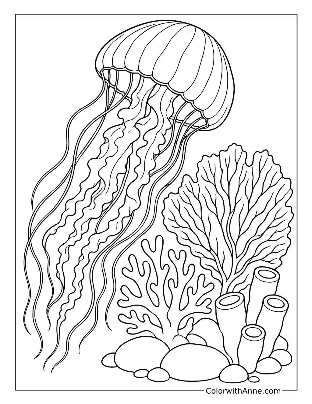 Jellyfish Drifting Beside a Sea Fan coloring page