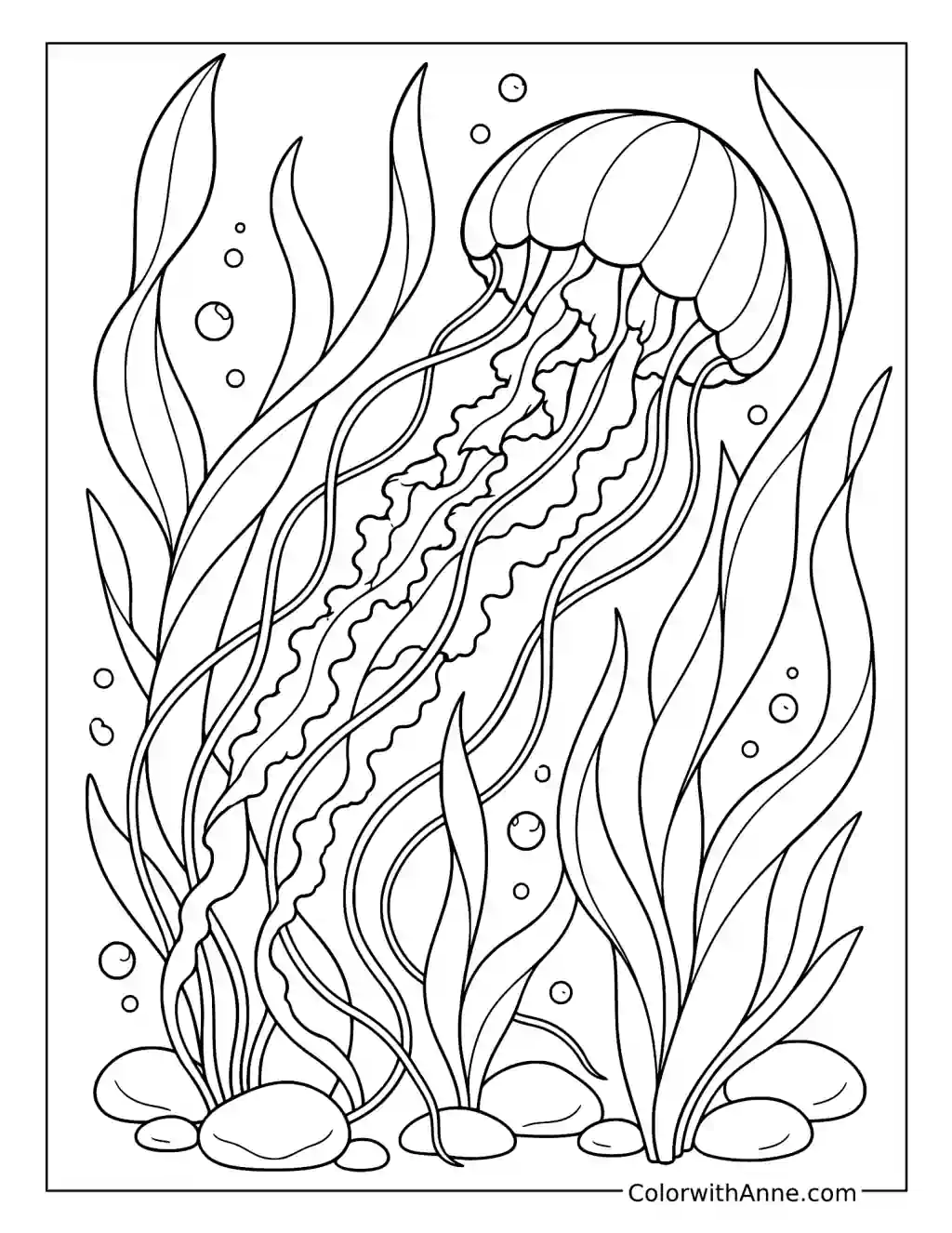 Jellyfish Drifting Through Tall Seaweed coloring page