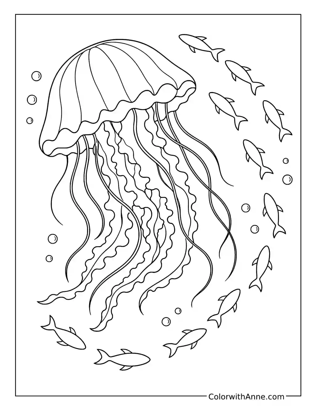 Jellyfish Encircled by Fish Silhouettes coloring page
