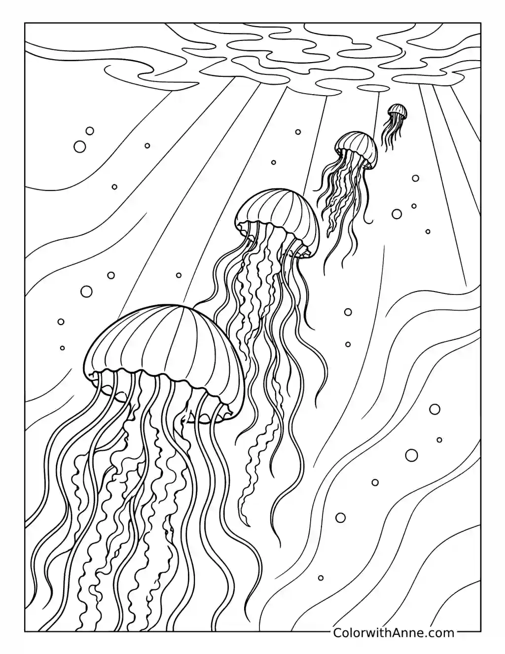 Jellyfish Group Beneath Underwater Sunbeams coloring page