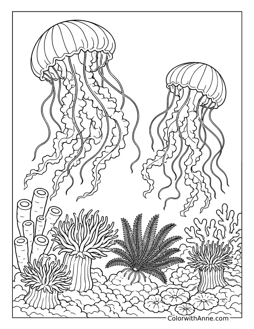 Jellyfish Pair Above a Detailed Coral Garden coloring page