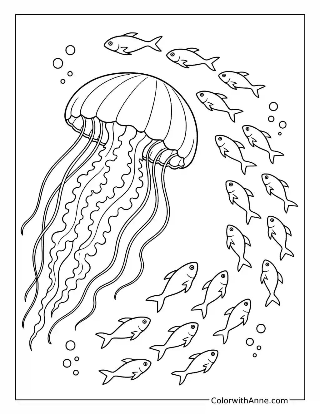 Jellyfish Surrounded by a Curving School of Fish coloring page