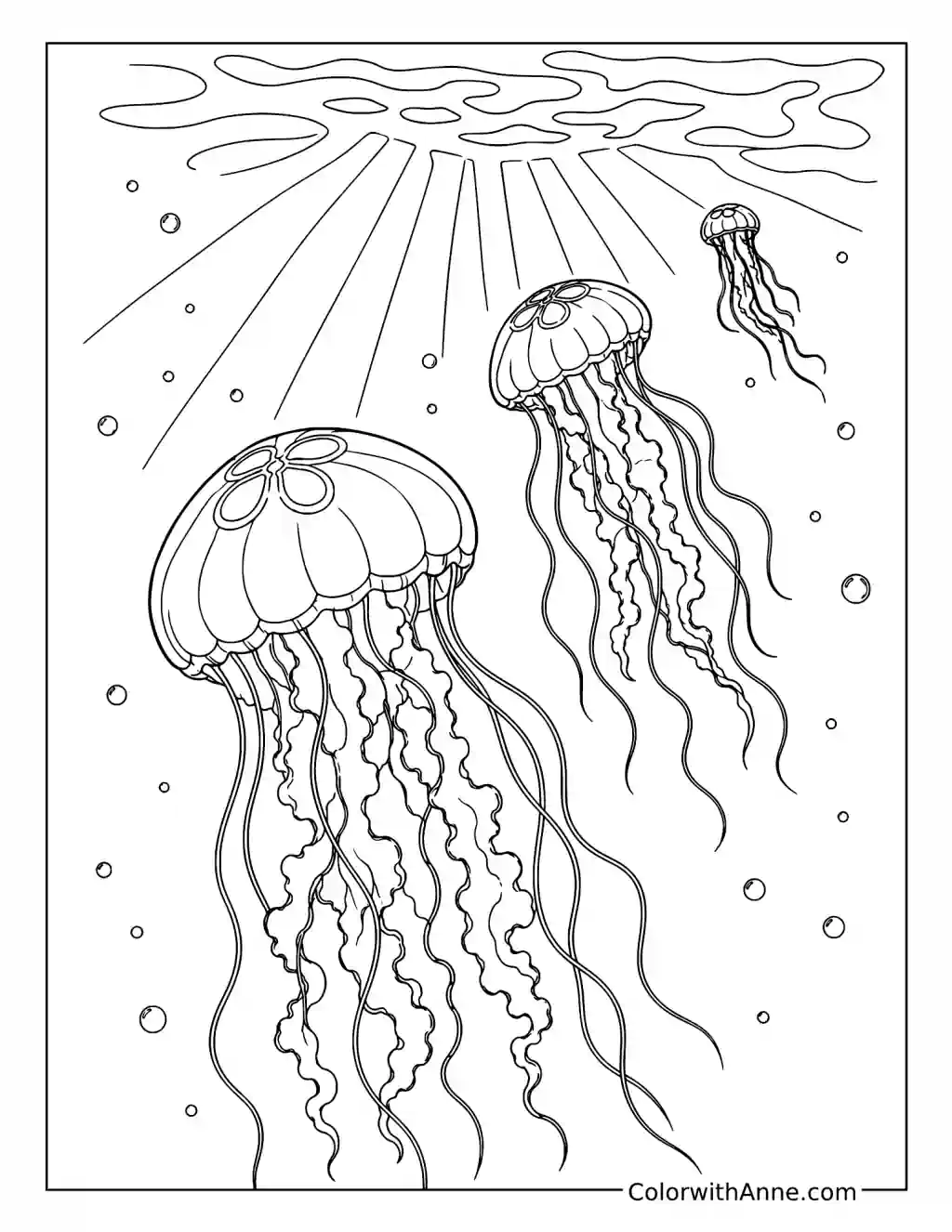 Jellyfish Trio Drifting Toward Sunlit Water coloring page