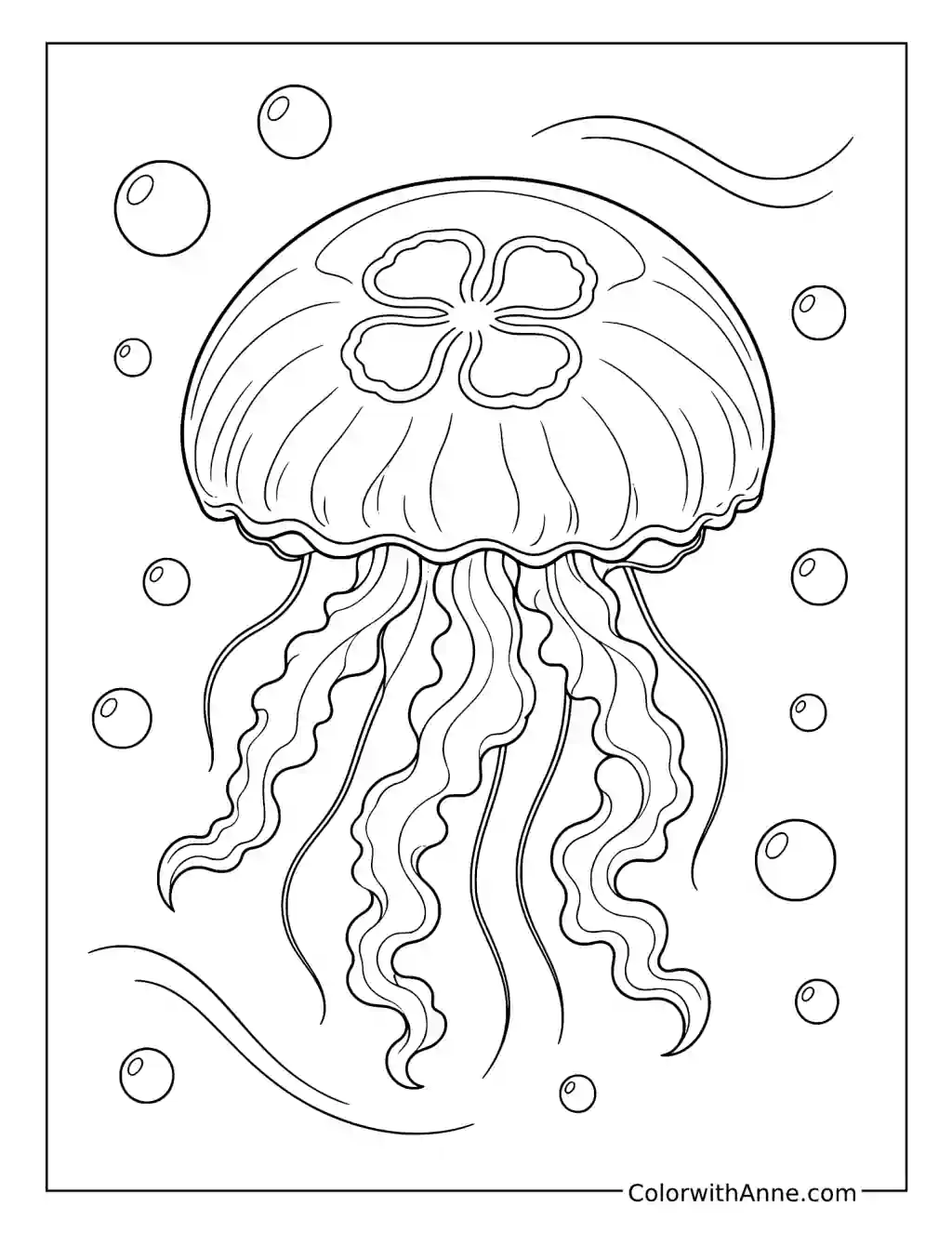 Jellyfish with a Clover-Shaped Center and Bubbles coloring page