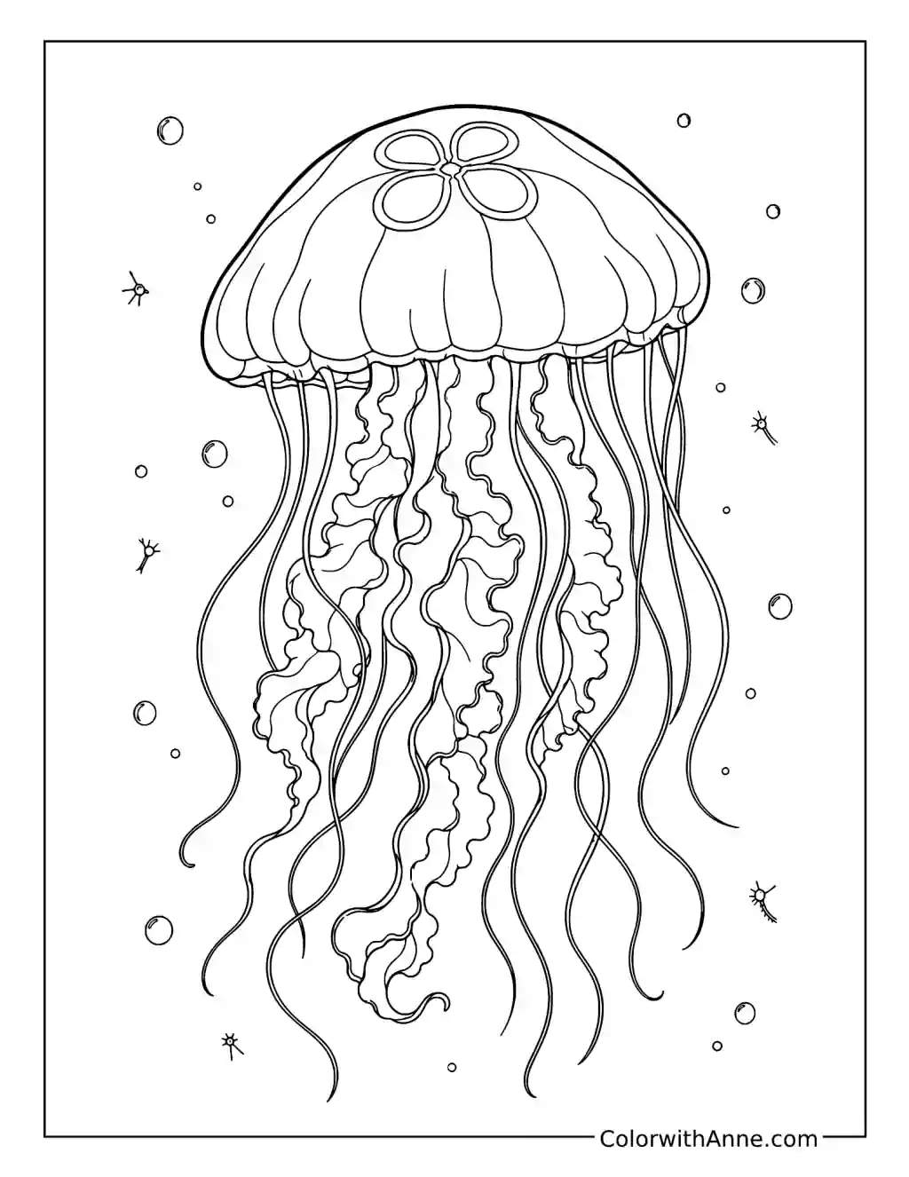 Jellyfish with Long Curling Tentacles Among Plankton coloring page
