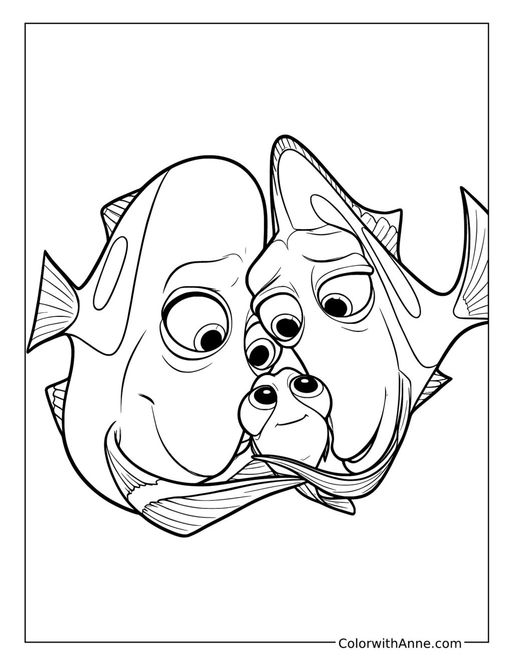 Jenny and Charlie Nuzzling Baby Dory coloring page
