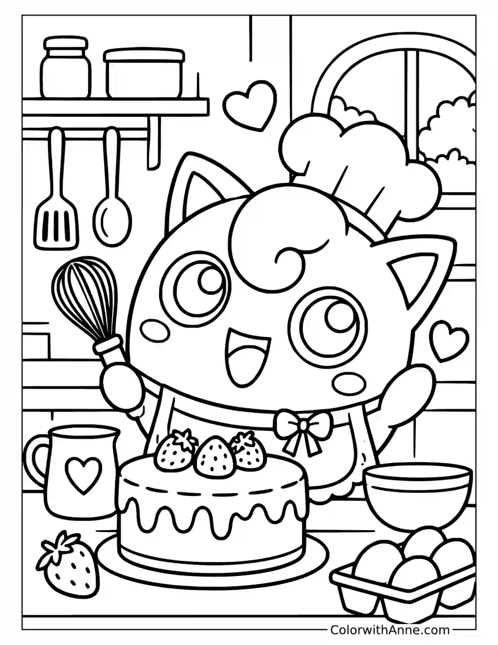 Jigglypuff Baking a Strawberry Cake in a printable coloring scene with clear outlines.