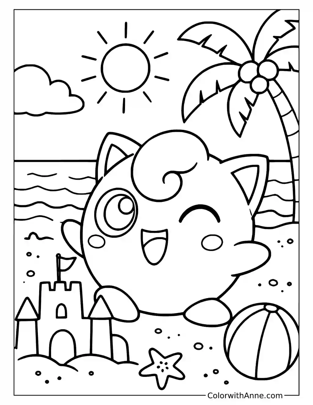 Jigglypuff Building a Beach Sandcastle in a printable coloring scene with clear outlines.