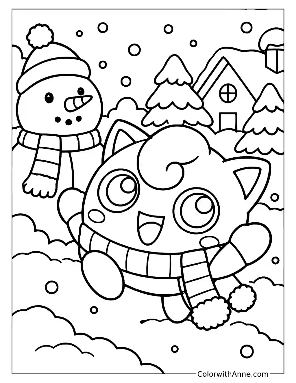 Jigglypuff Building a Snowman in a printable coloring scene with clear outlines.