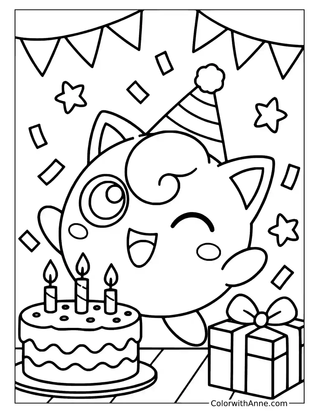 Jigglypuff Celebrating with a Birthday Cake in a printable coloring scene with clear outlines.