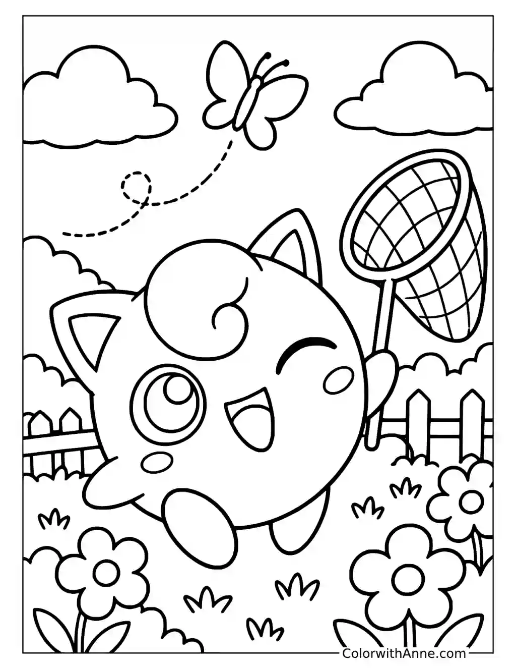 Jigglypuff Chasing a Butterfly with a Net in a printable coloring scene with clear outlines.