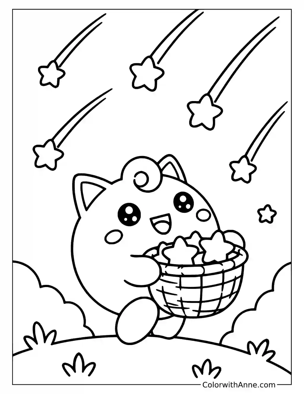 Jigglypuff Collecting Falling Stars in a printable coloring scene with clear outlines.