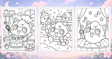 Three Jigglypuff coloring pages arranged on a soft illustrated background.