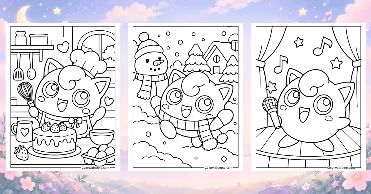 Three Jigglypuff coloring pages arranged on a soft illustrated background.