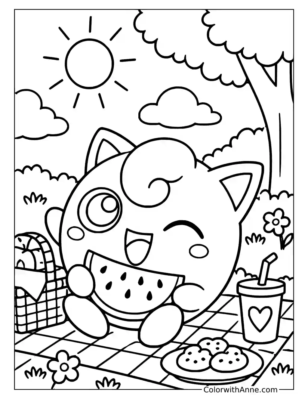 Jigglypuff Eating Watermelon at a Picnic in a printable coloring scene with clear outlines.
