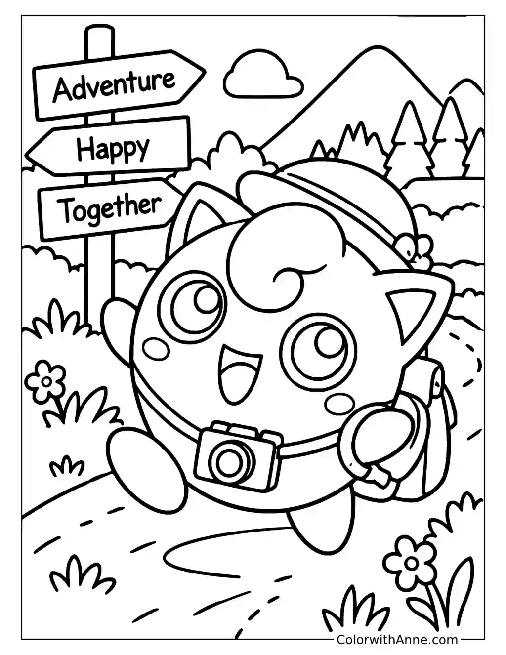 Jigglypuff Exploring a Mountain Trail in a printable coloring scene with clear outlines.