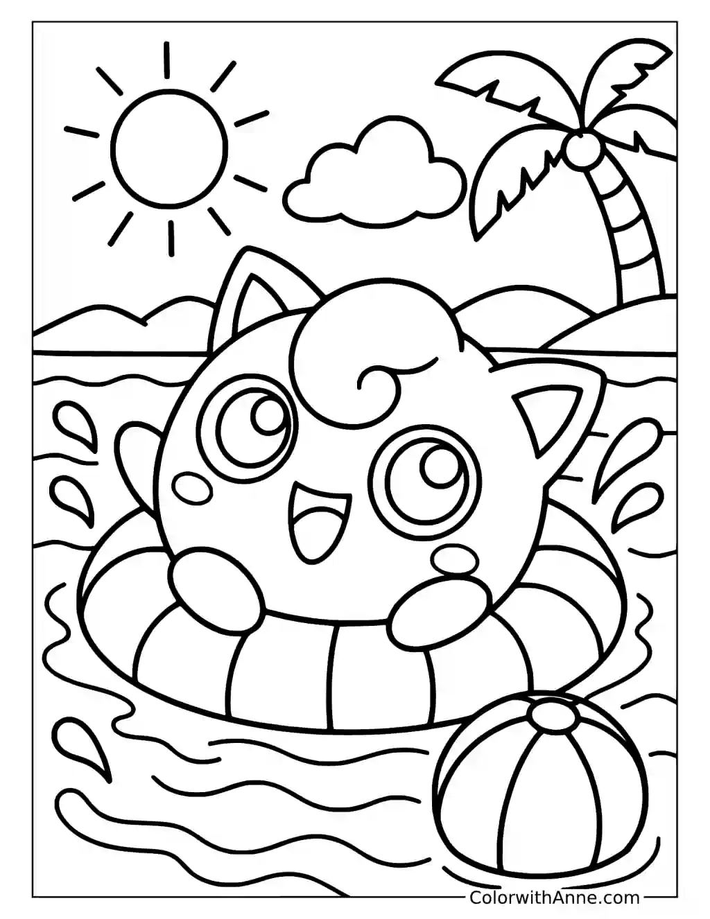 Jigglypuff Floating in a Swim Ring in a printable coloring scene with clear outlines.