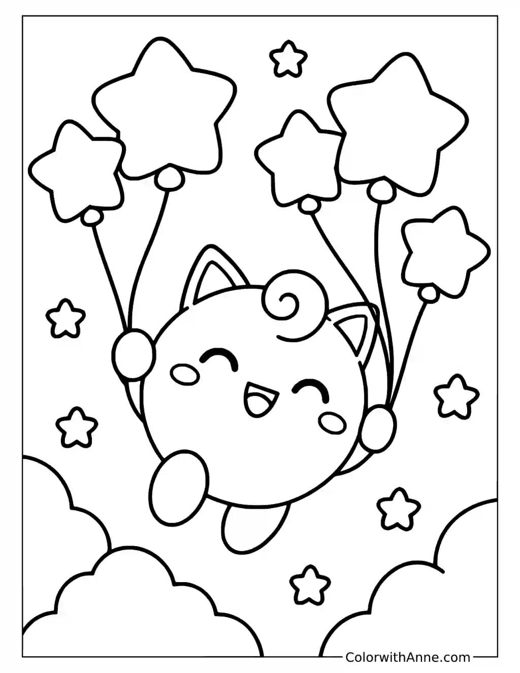 Jigglypuff Floating with Star Balloons in a printable coloring scene with clear outlines.