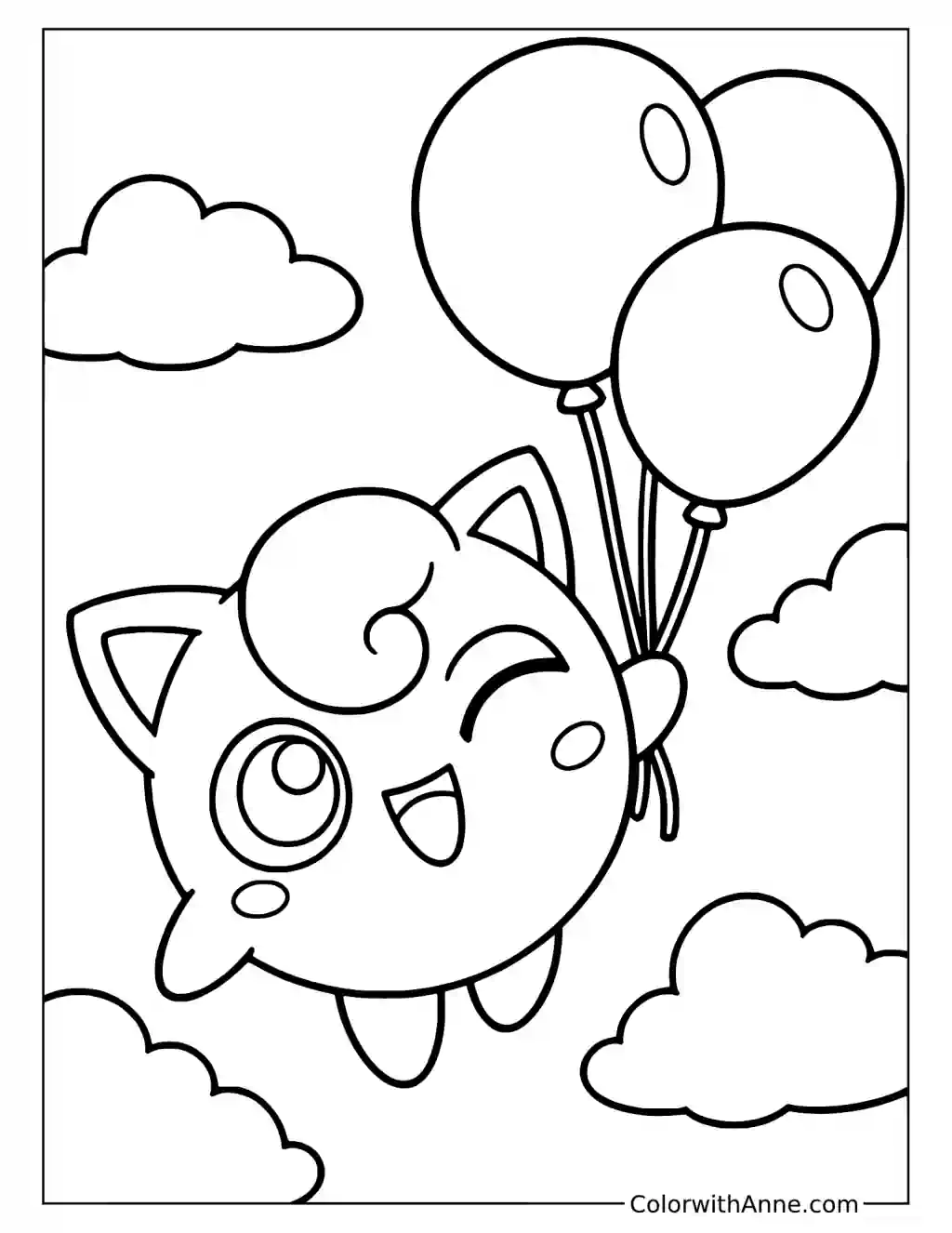 Jigglypuff Flying with Balloons among Clouds in a printable coloring scene with clear outlines.