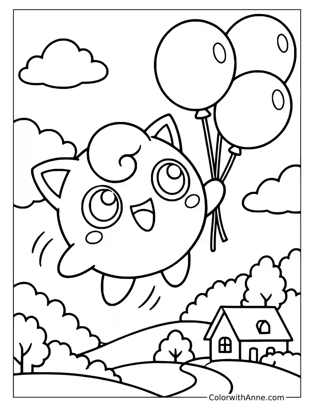 Jigglypuff Flying with Balloons over a Village in a printable coloring scene with clear outlines.
