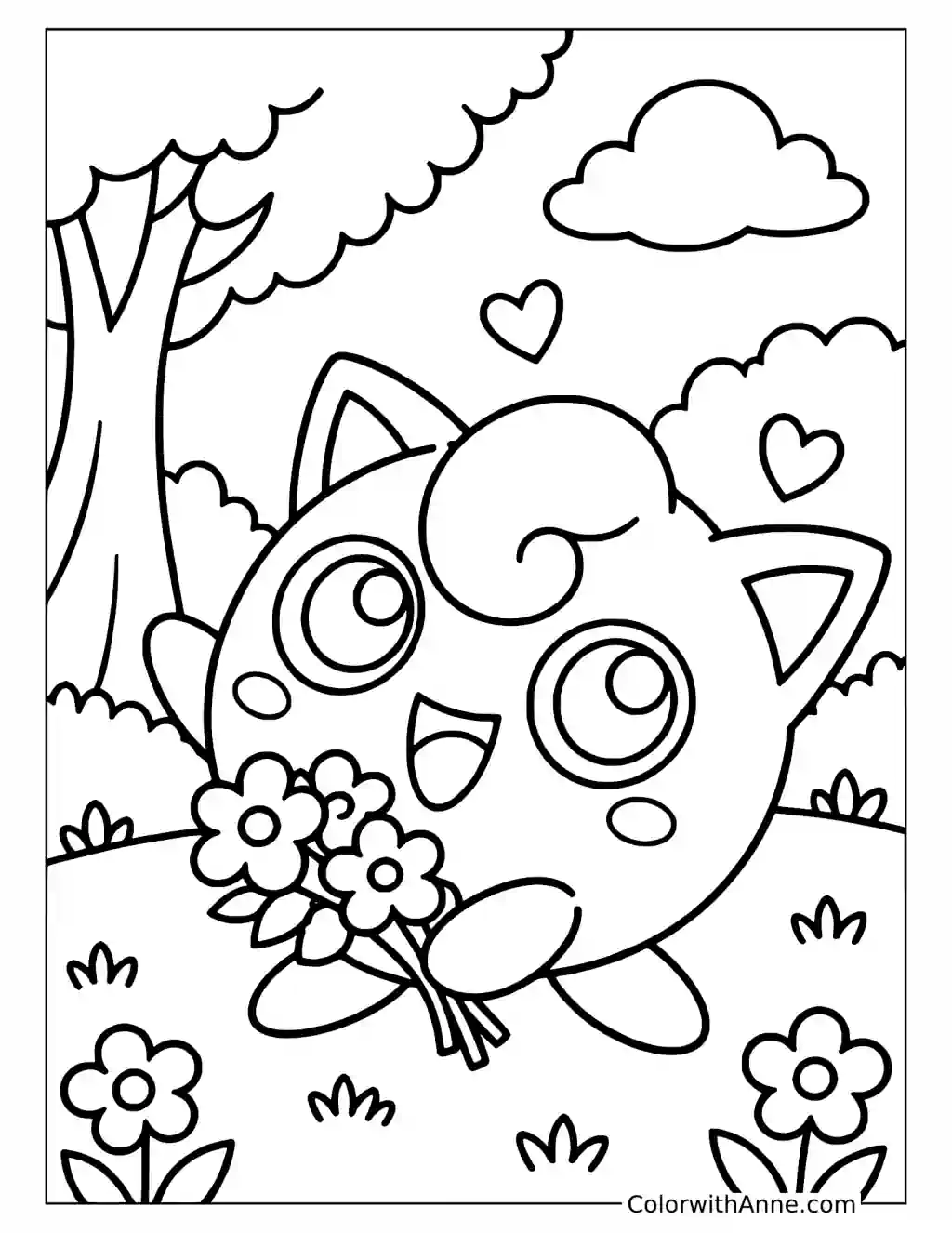 Jigglypuff Holding a Flower Bouquet in a printable coloring scene with clear outlines.