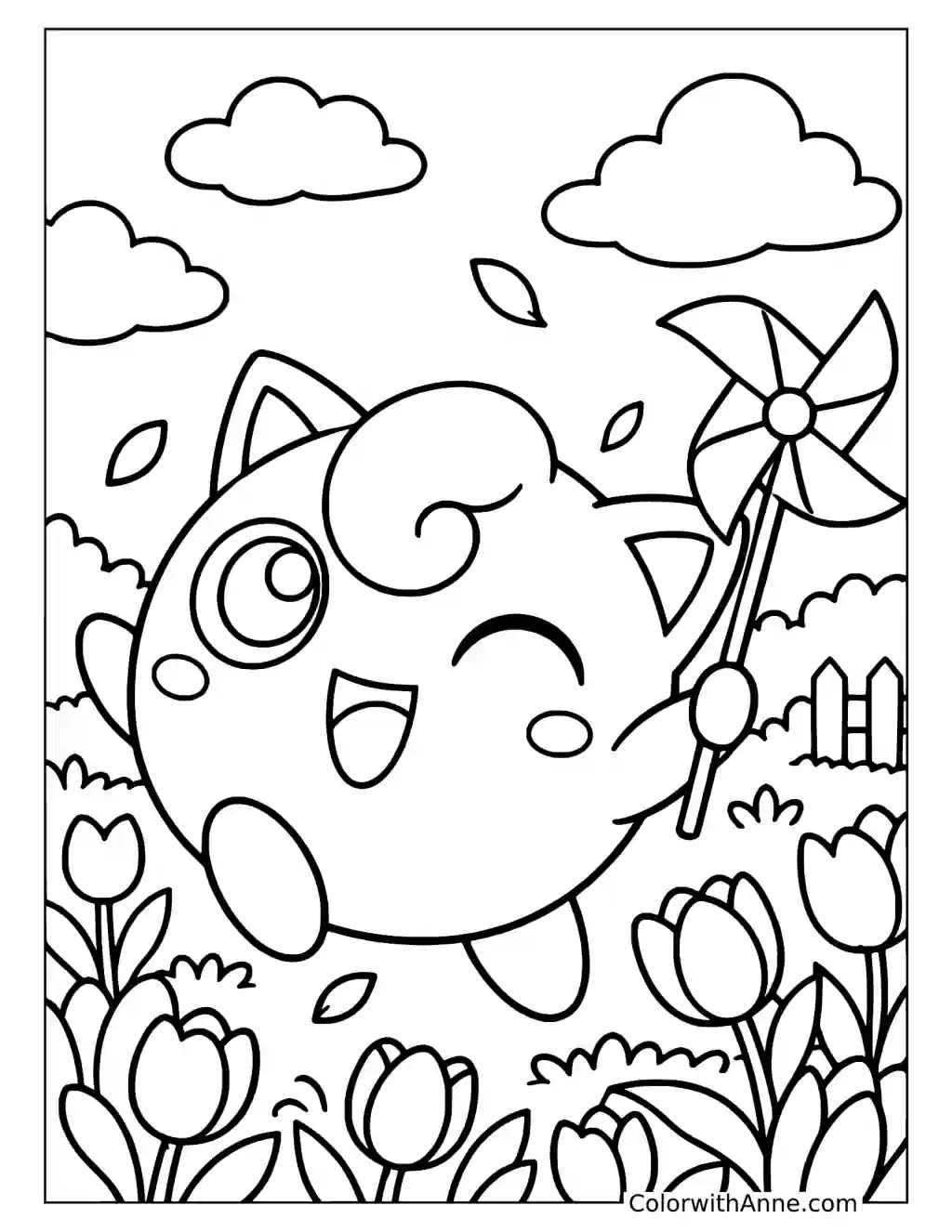 Jigglypuff Holding a Pinwheel in a Flower Garden in a printable coloring scene with clear outlines.