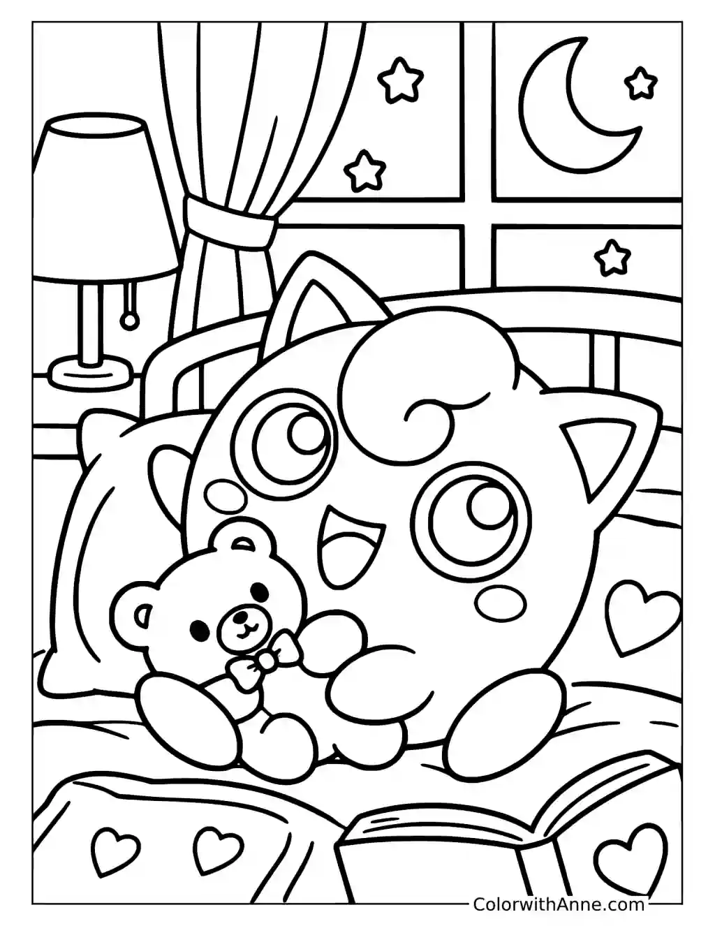 Jigglypuff Holding a Teddy Bear at Bedtime in a printable coloring scene with clear outlines.
