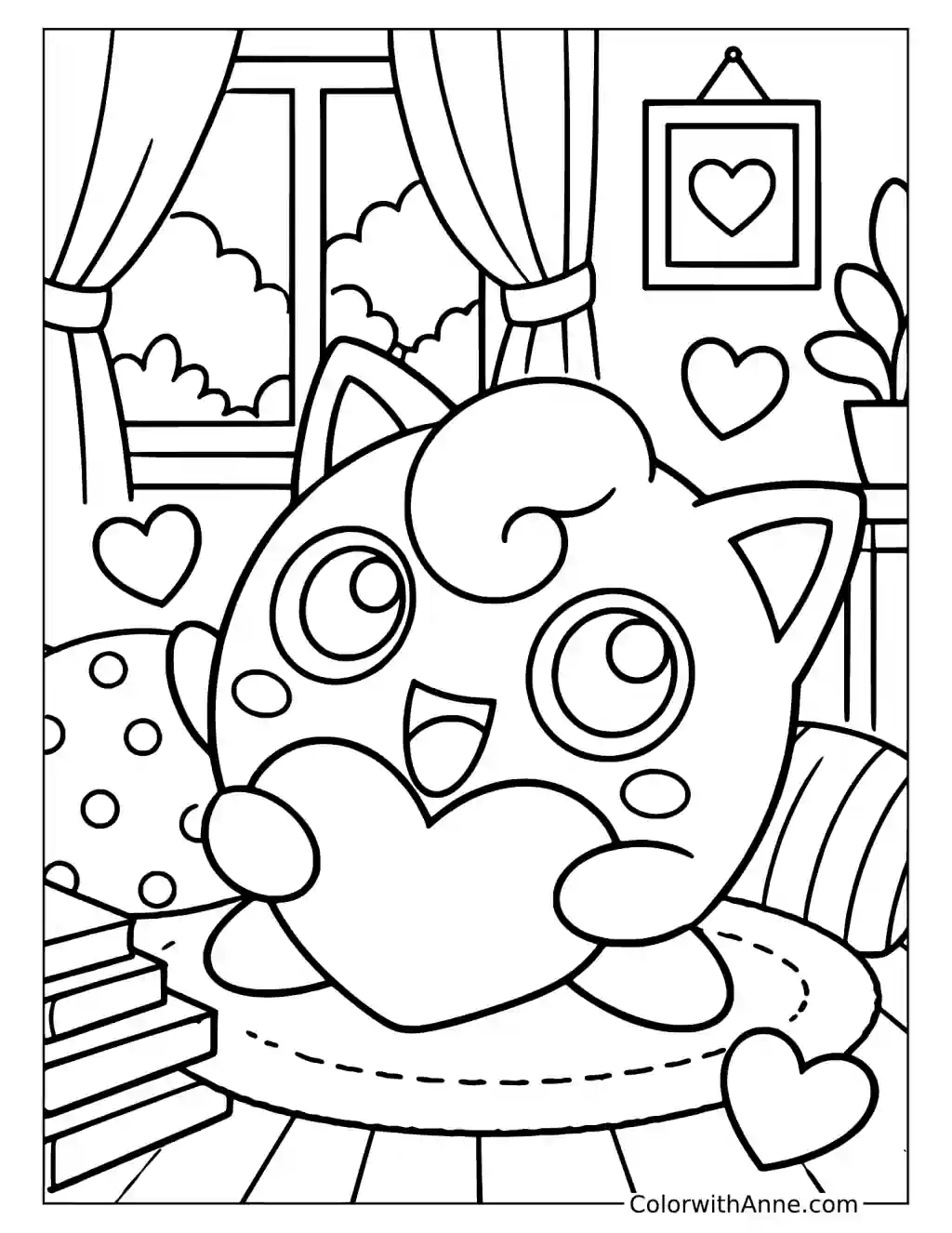 Jigglypuff Hugging a Heart in a Reading Nook in a printable coloring scene with clear outlines.