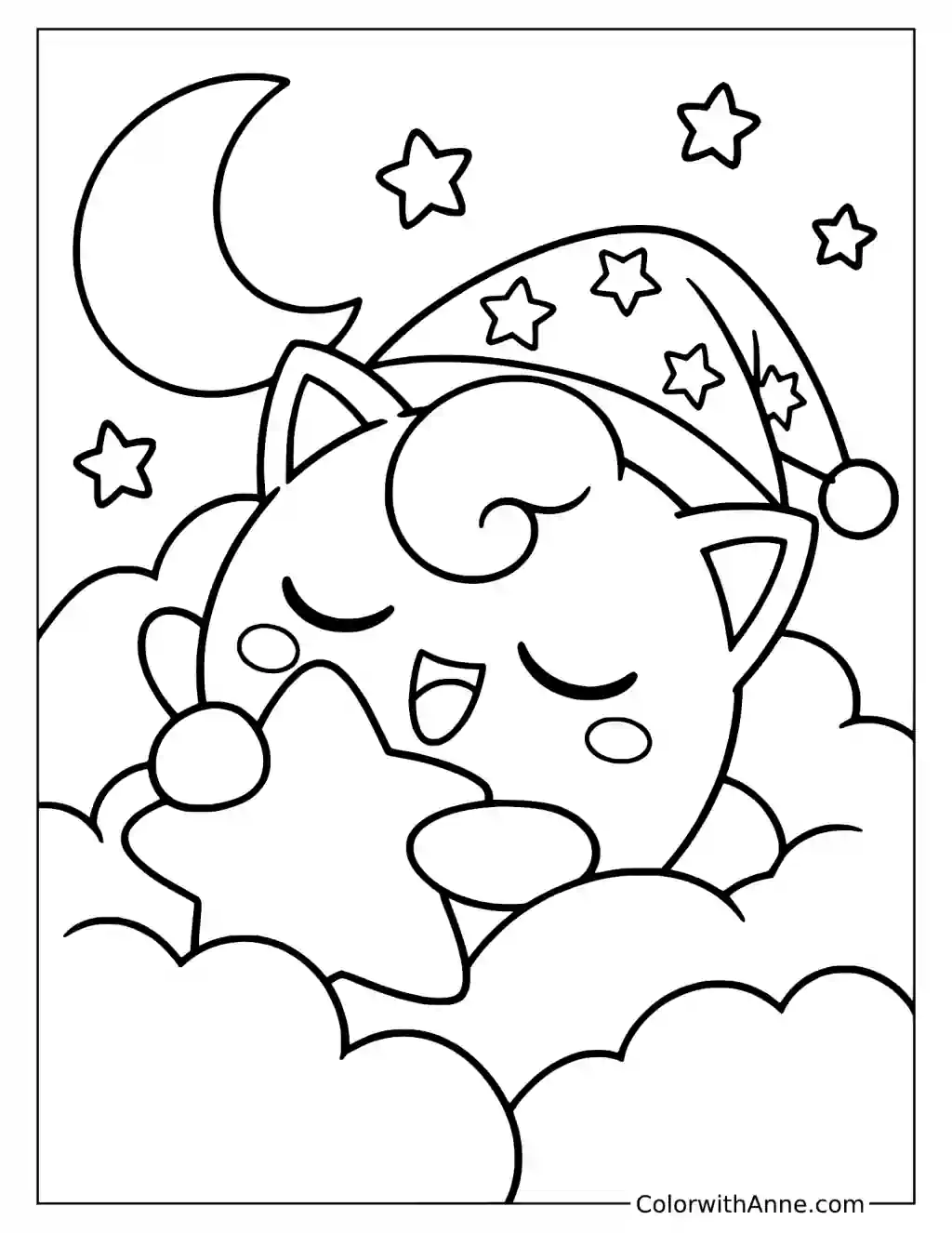 Jigglypuff Hugging a Star in the Clouds in a printable coloring scene with clear outlines.