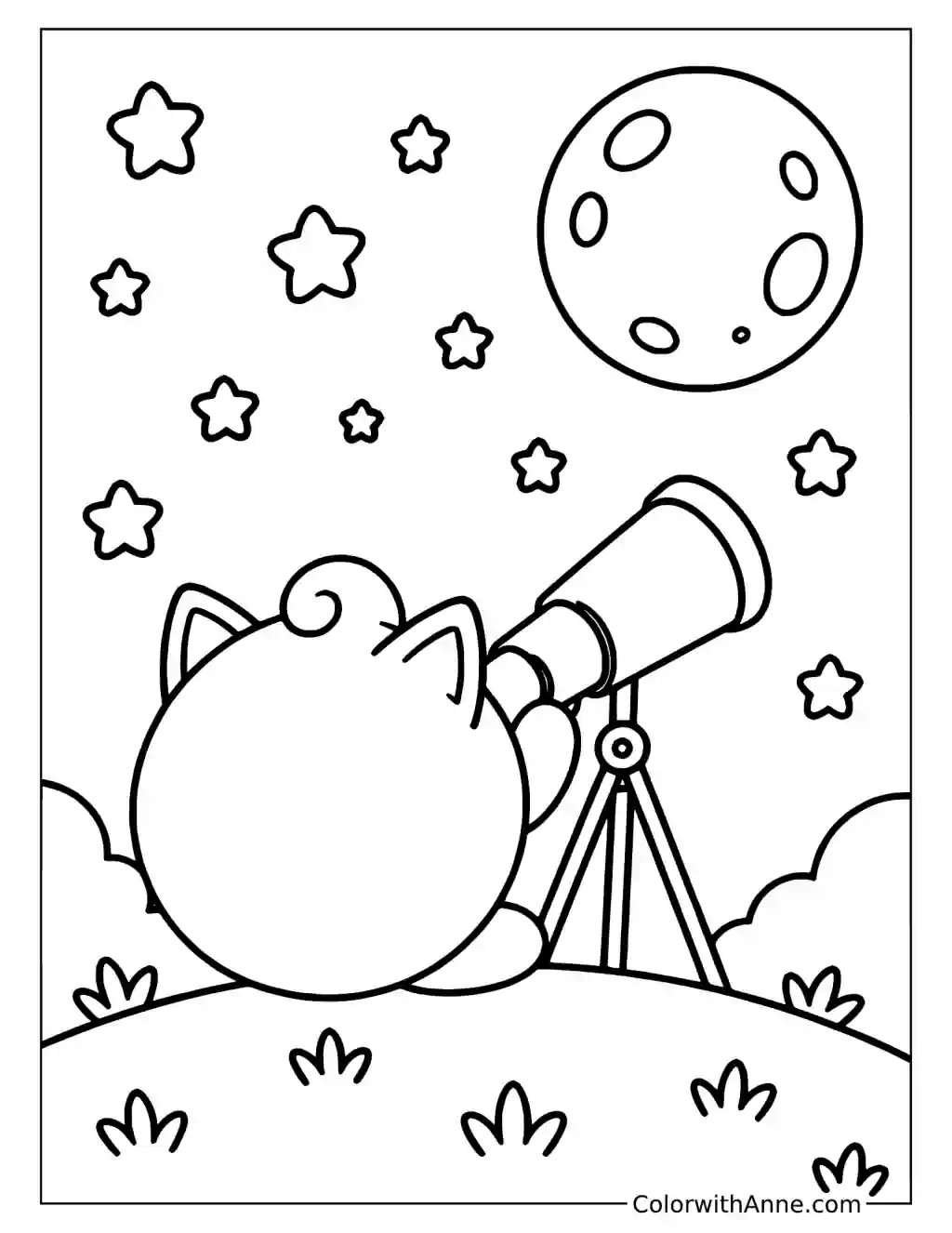 Jigglypuff Looking through a Telescope in a printable coloring scene with clear outlines.