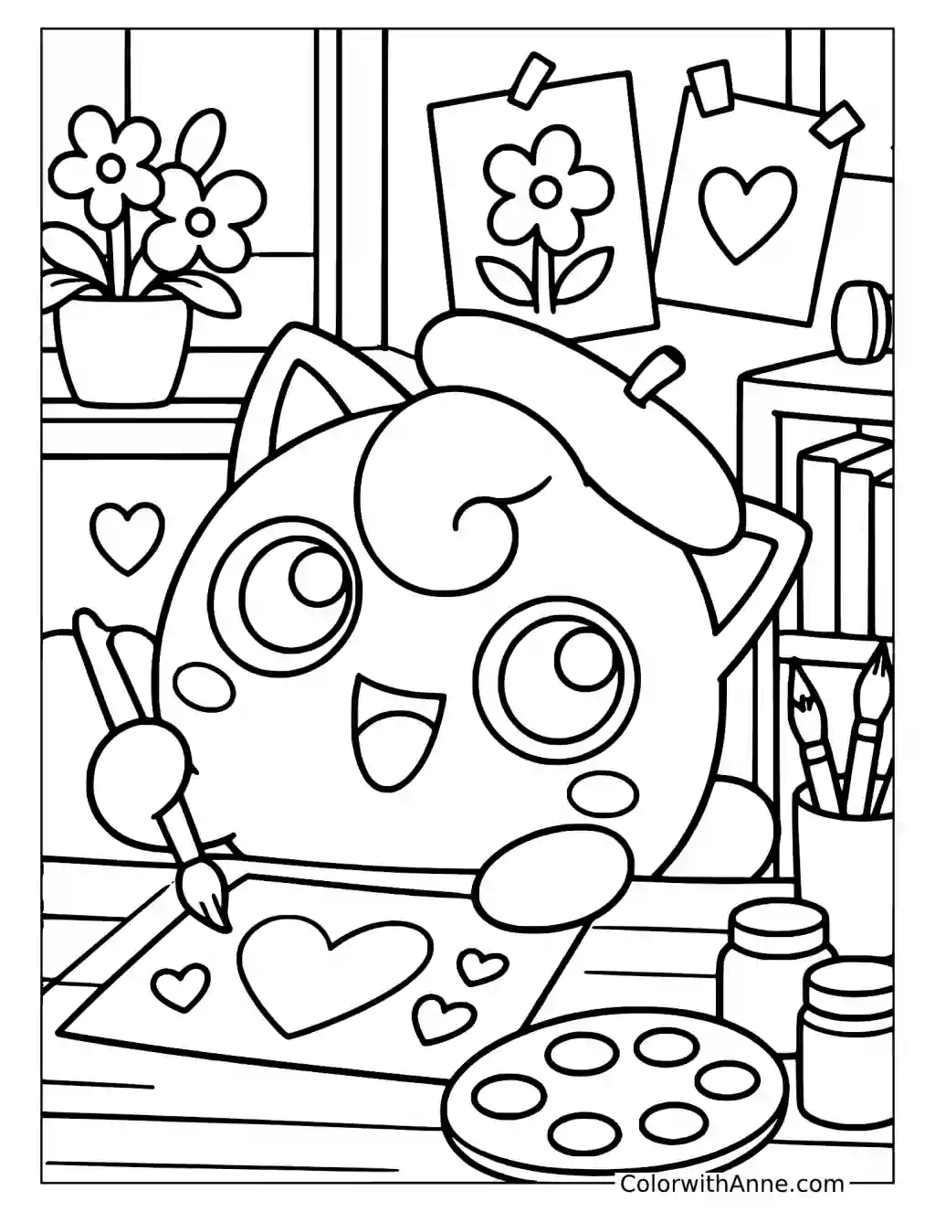 Jigglypuff Painting at an Art Table in a printable coloring scene with clear outlines.