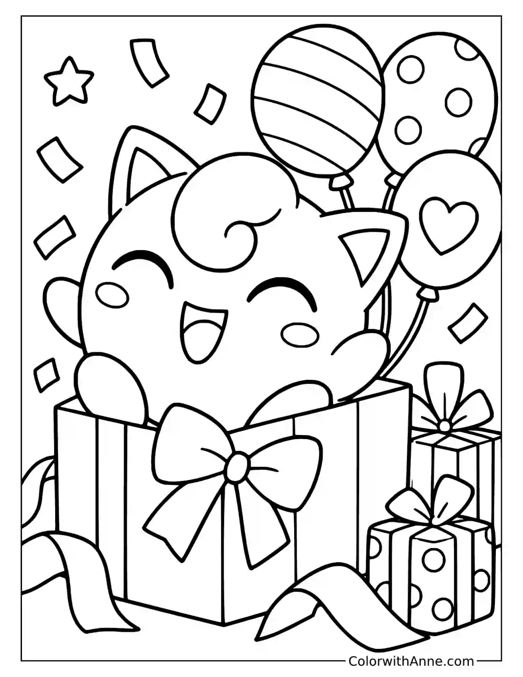 Jigglypuff Popping Out of a Gift Box in a printable coloring scene with clear outlines.