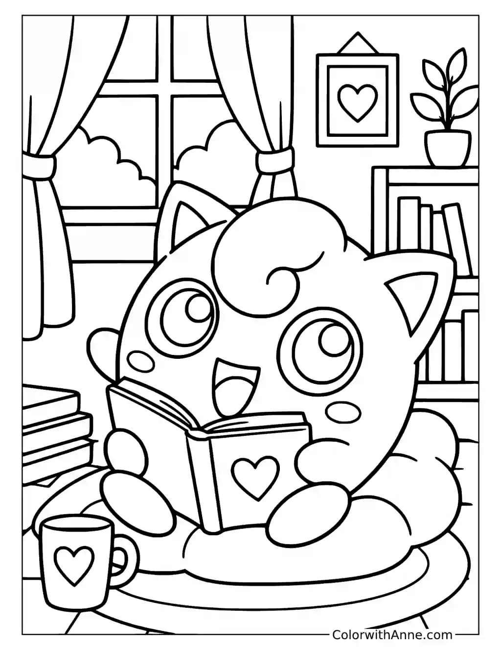 Jigglypuff Reading in a Cozy Chair in a printable coloring scene with clear outlines.