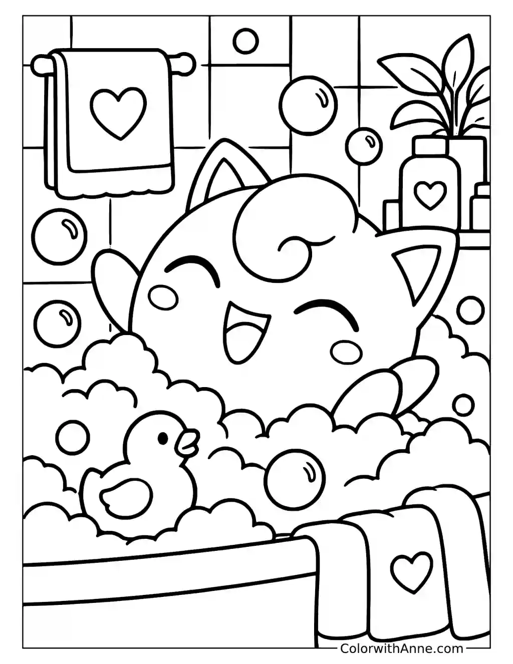 Jigglypuff Relaxing in a Bubble Bath in a printable coloring scene with clear outlines.