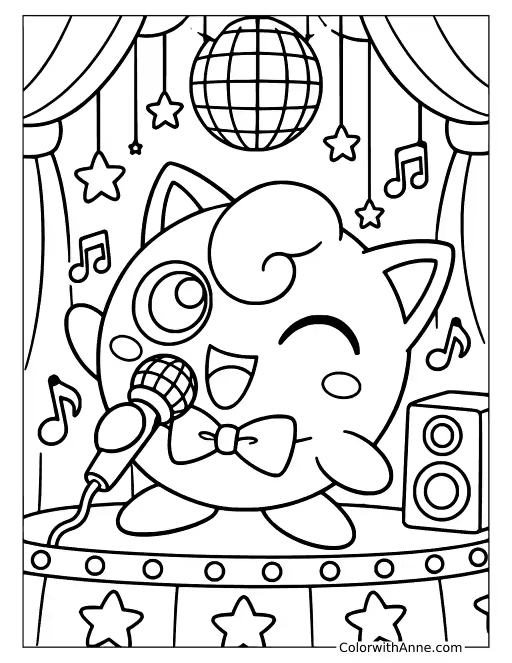 Jigglypuff Singing beneath a Disco Ball in a printable coloring scene with clear outlines.