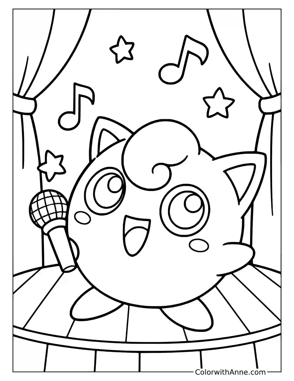 Jigglypuff Singing on Stage in a printable coloring scene with clear outlines.