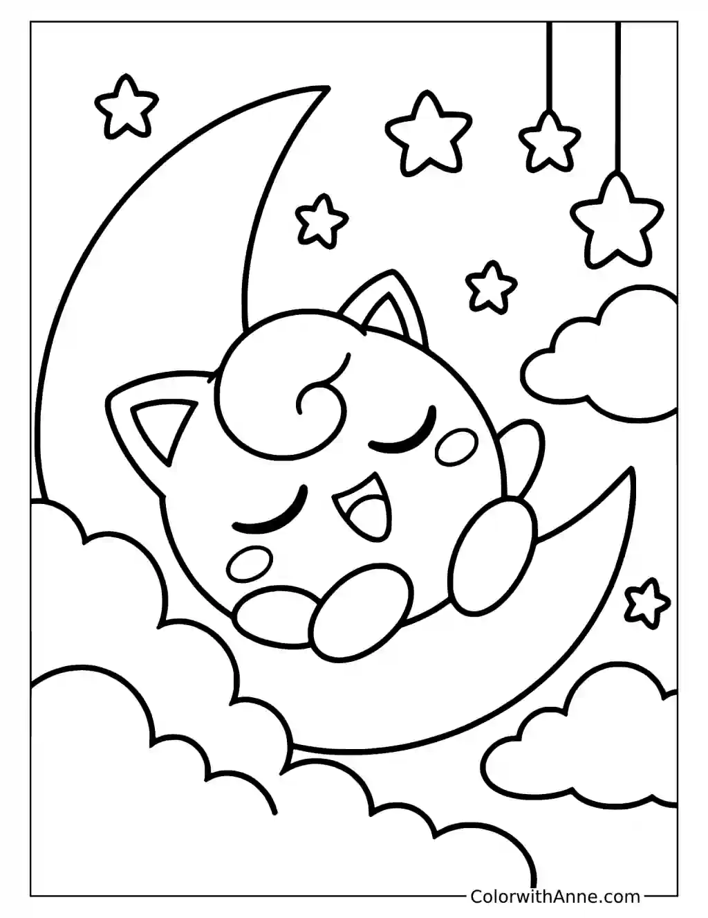 Jigglypuff Sleeping on a Crescent Moon in a printable coloring scene with clear outlines.
