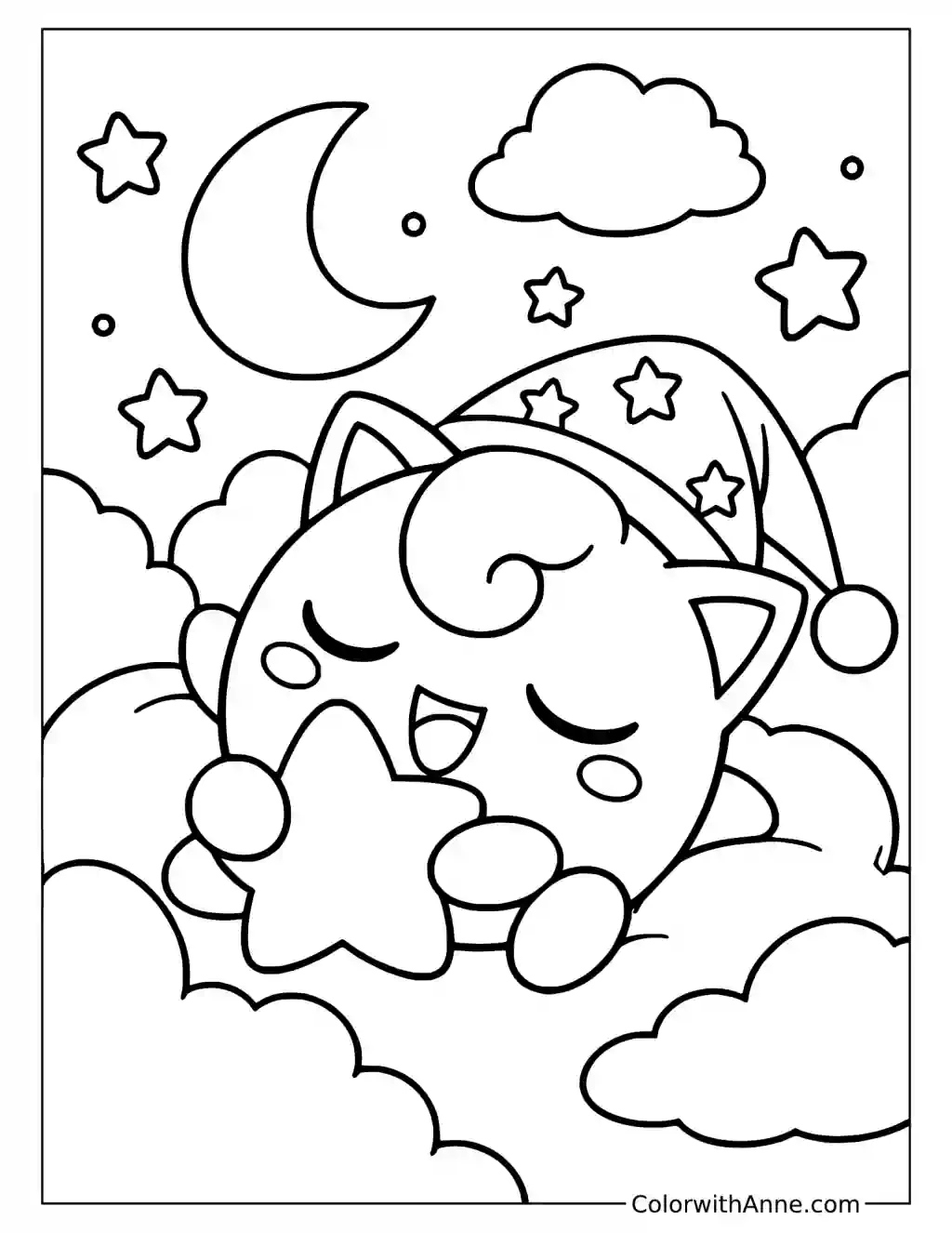 Jigglypuff Sleeping with a Star Pillow in the Clouds in a printable coloring scene with clear outlines.