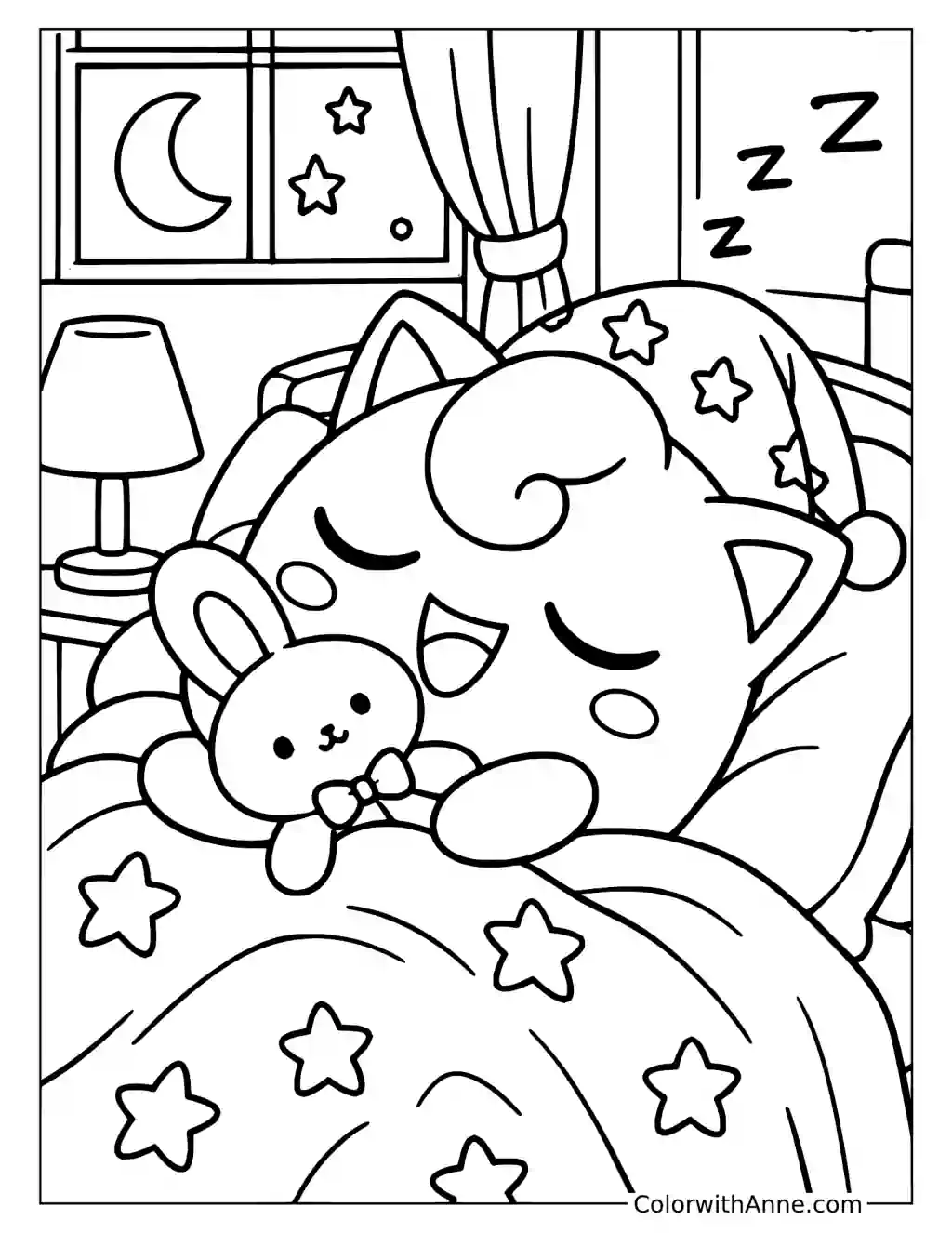 Jigglypuff Sleeping with a Teddy Bear in a printable coloring scene with clear outlines.