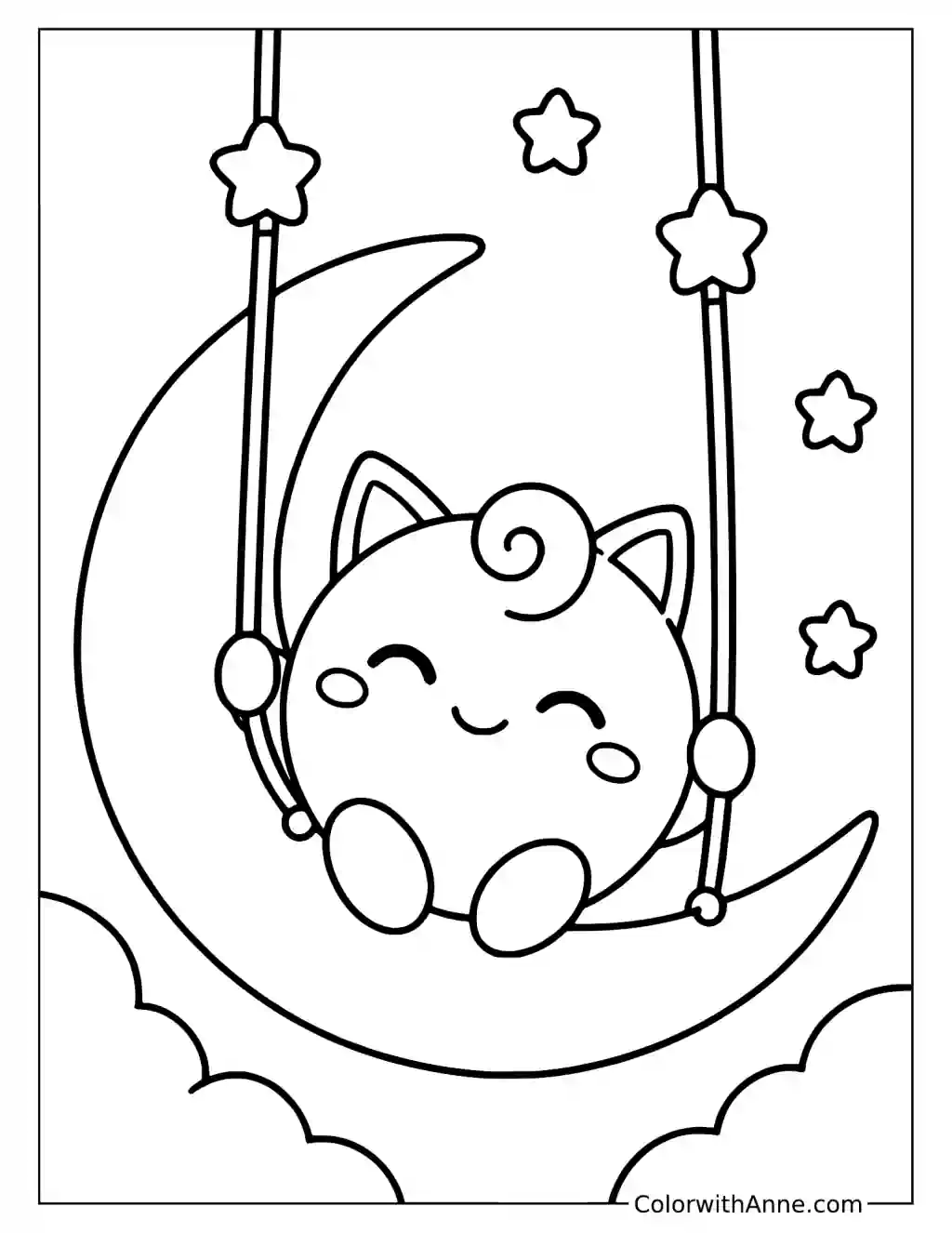 Jigglypuff Swinging on a Crescent Moon in a printable coloring scene with clear outlines.