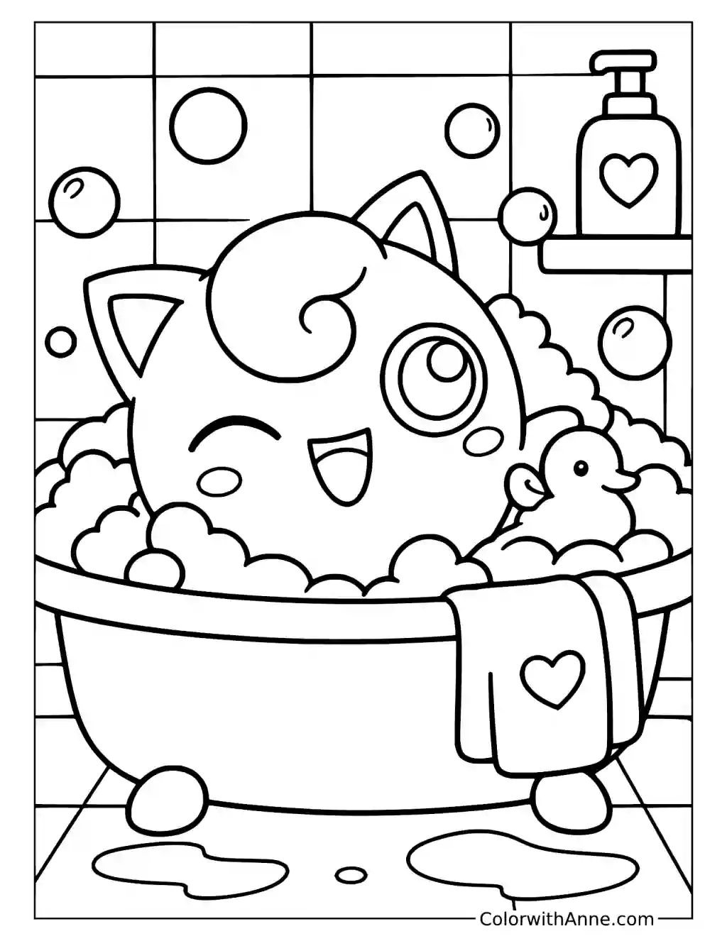 Jigglypuff Taking a Bubble Bath with a Rubber Duck in a printable coloring scene with clear outlines.