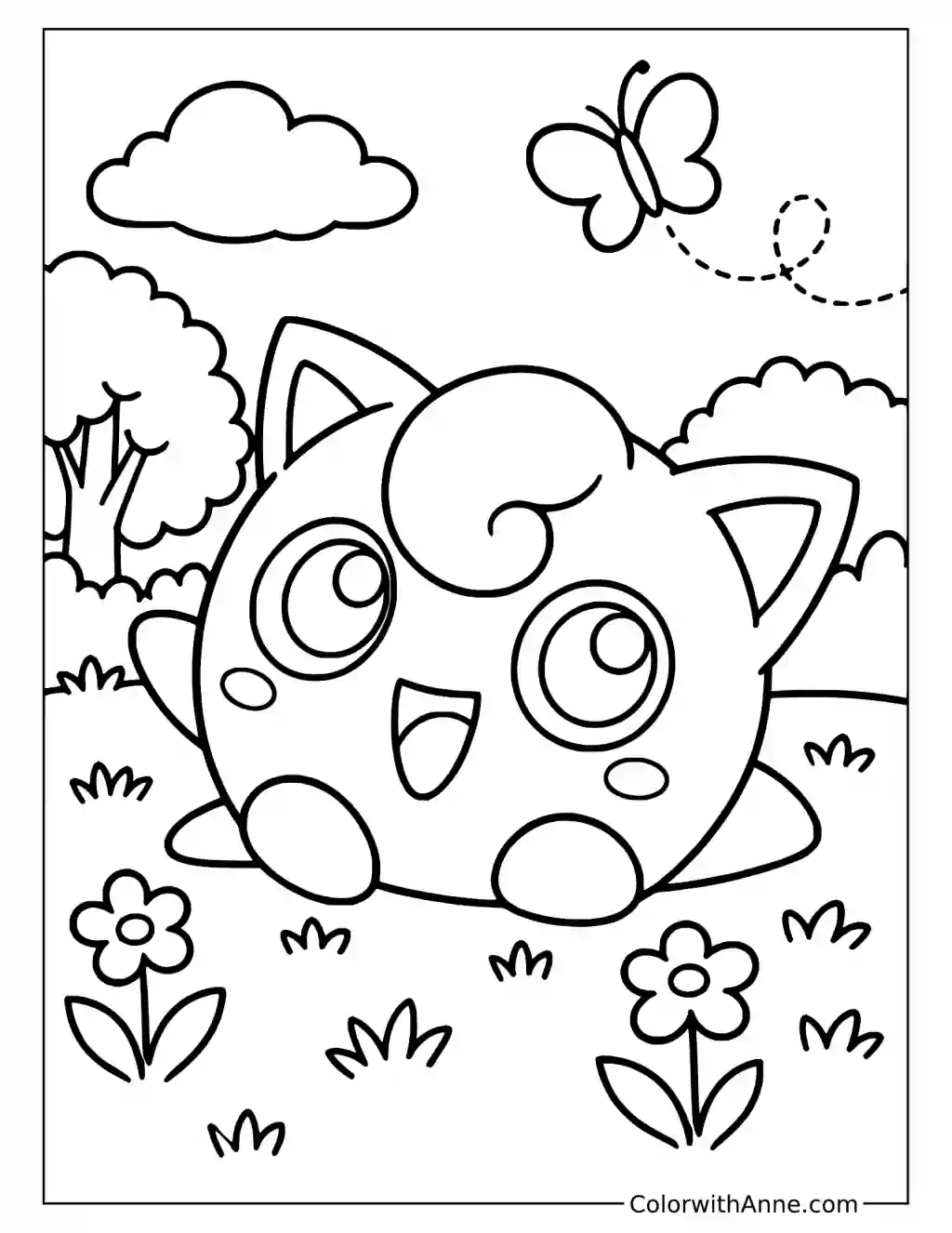 Jigglypuff Watching a Butterfly in a Flower Garden in a printable coloring scene with clear outlines.
