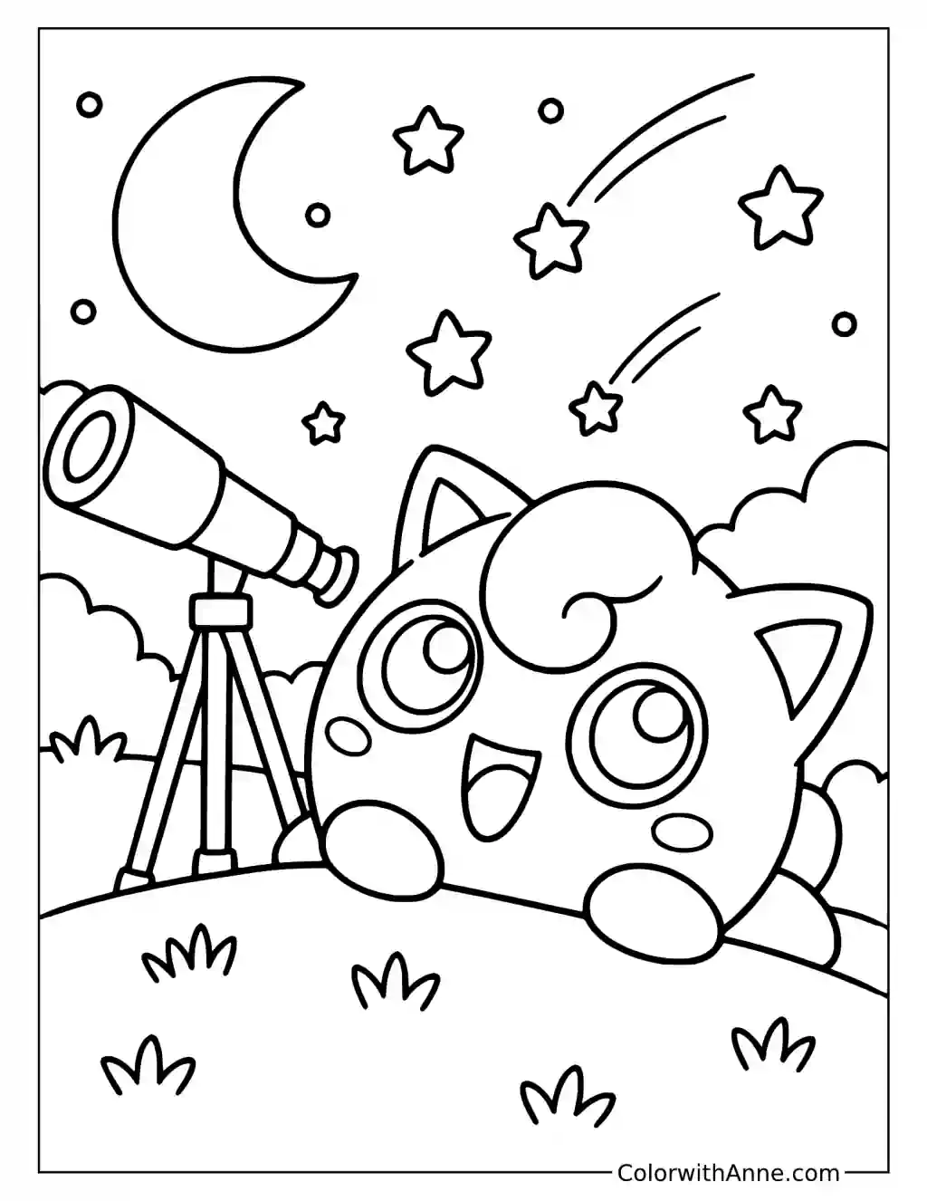 Jigglypuff Watching Shooting Stars beside a Telescope in a printable coloring scene with clear outlines.